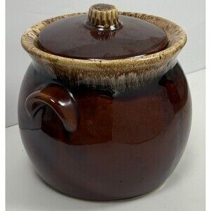 Hull Pottery Vintage Drip Brown Bean Pot Lid Oven Proof Crock USA Made Glaze Jar